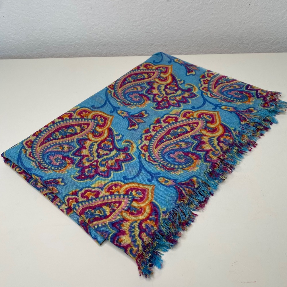 Peter Millar Silk Cashmere Paisley Scarf Blue Pink‎ Fringe 27x72 Quiet Luxury